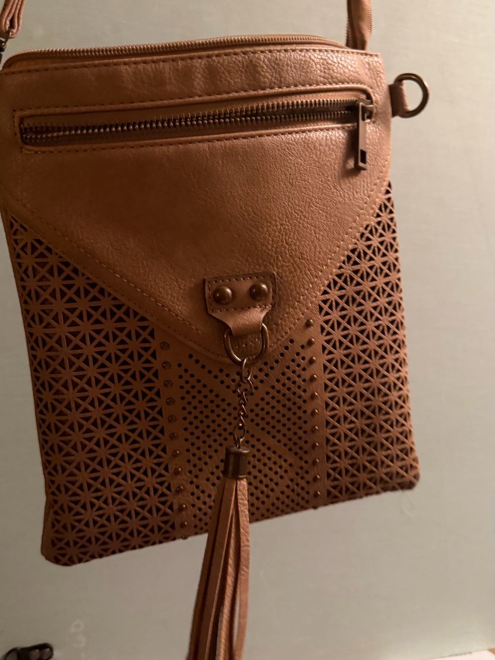 Classic Brown Laser-Cut Tassel Crossbody Bag
